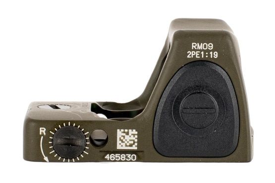 The Trijicon RMR RM09 1 MOA red dot sight features an adjustable led with olive drab green finish